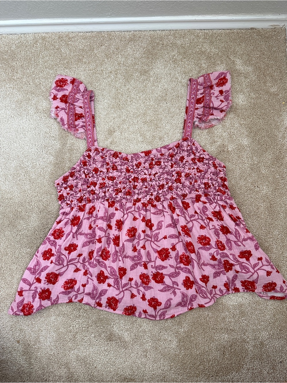 Versona XXL Floral Smocked Flutter Sleeve Cotton Top Pink Red